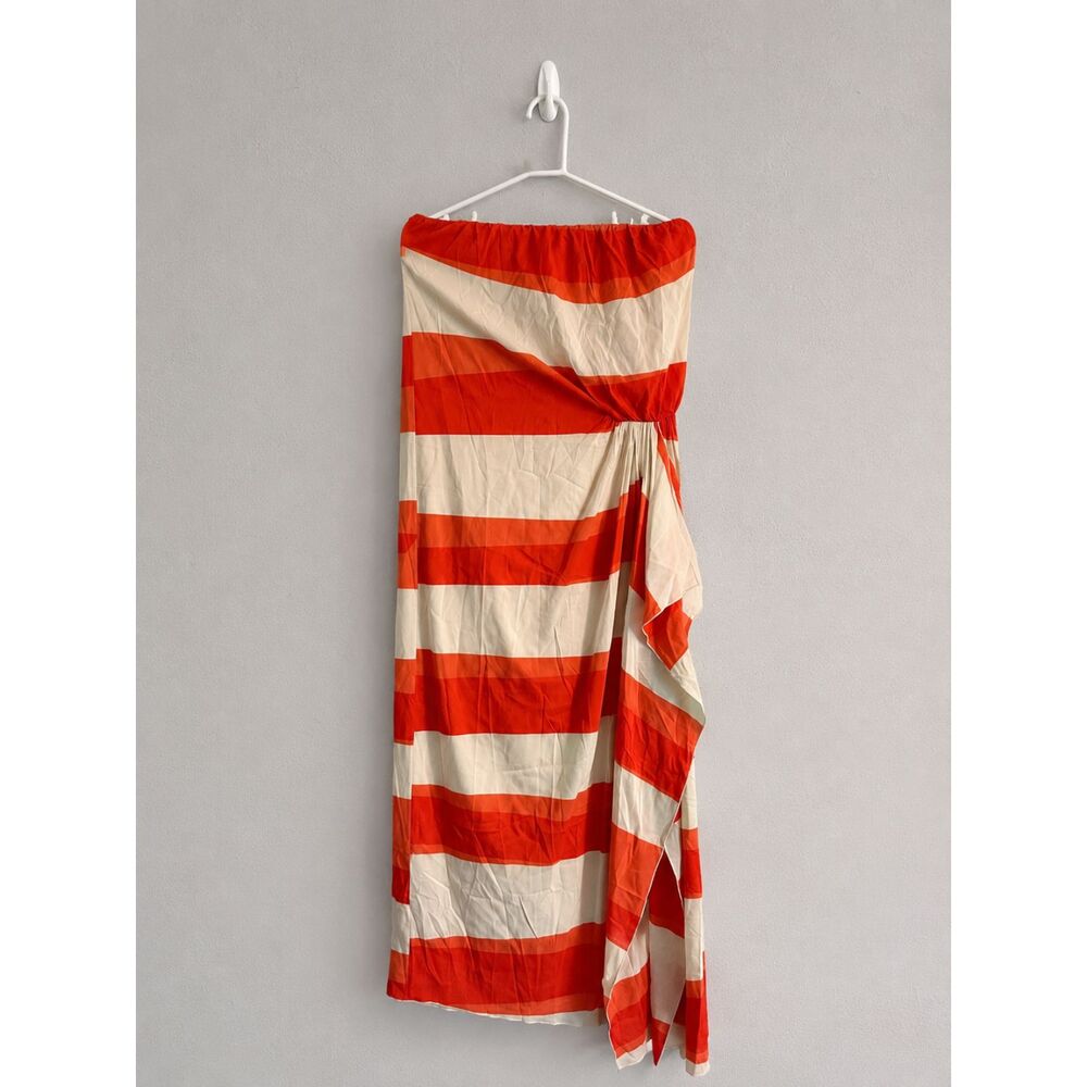 Alice + Olivia Silk Strapless Maxi Dress Orange White Stripe Draped Women's 4 - Picture 3 of 13